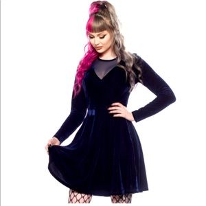 Sourpuss Mesh V Neck Blue Velvet Dress